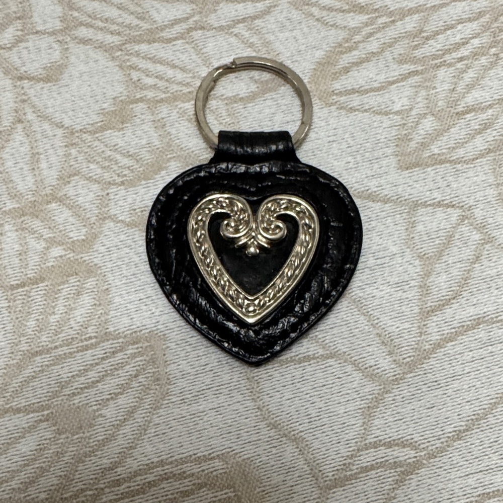 Brighton Black Leather Heart Keyring with Silver Heart Accent